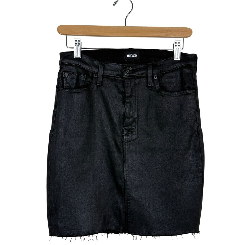 Hudson Robbie Midrise Pencil Coated Denim Womens 29 Black Raw Hem Faux Leather